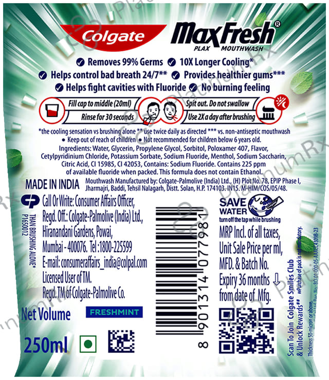 Colgate Fresh Mint MaxFresh Plax Antibacterial Mouth Wash 250ml