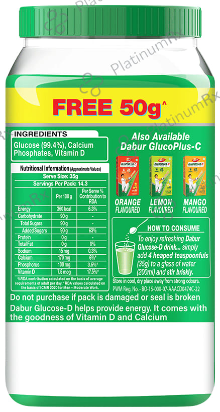 Dabur Glucose D with Calcium for Immunity & Bone Health - 450gm + 50gm Free Powder