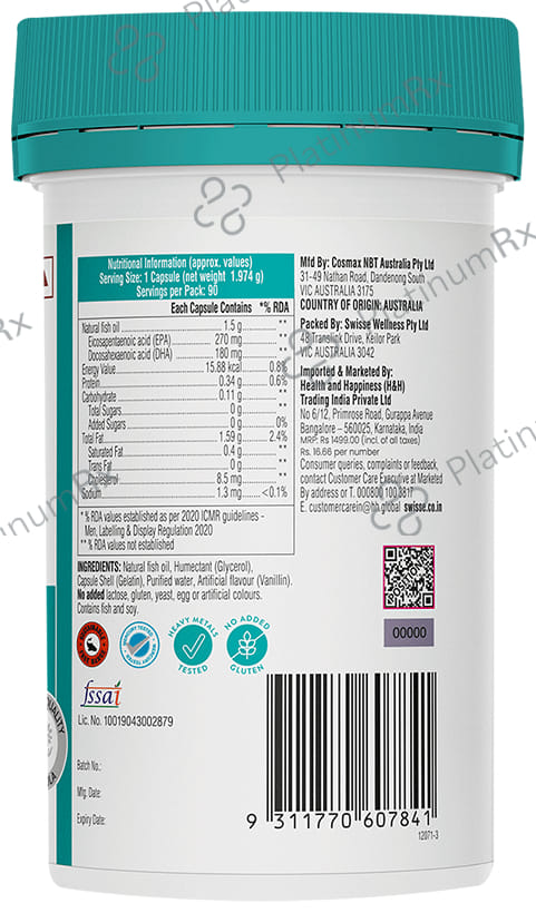 Swisse Ultiboost Odourless High Strength Wild Fish Oil Capsule with 1500mg Omega 3 - For Heart, Brain, Eye & Joint Health 90 capsules