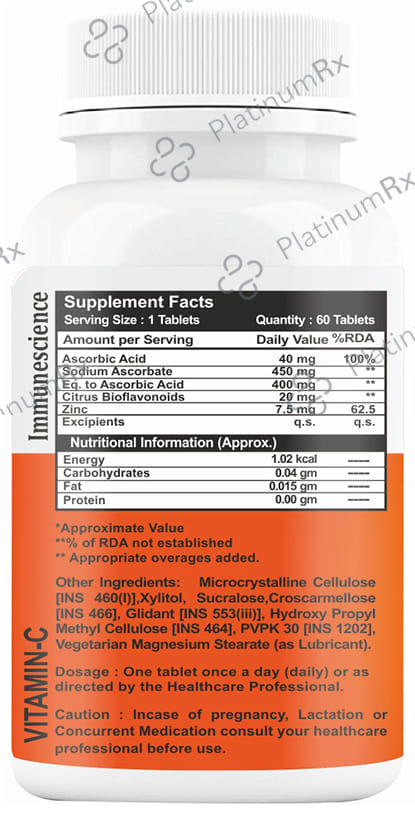 Immunescience Vitamin C for Immunity Orange Flavour Chewable Tablet 60s