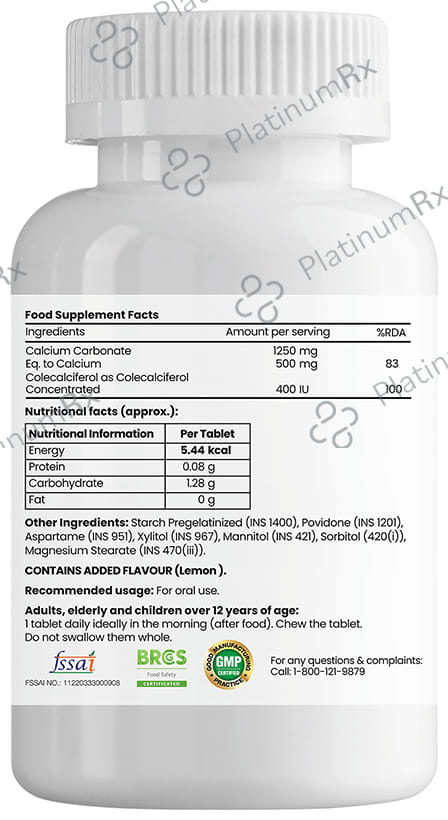 Natures Only Advanced Calcium 1250mg & Vitamin D3 400IU Chewable Tablet