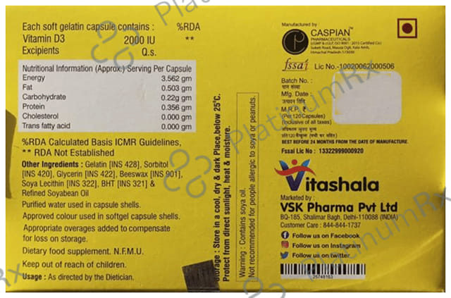 Vitashala Vitamin D3 2000IU Softgel Capsule 60s