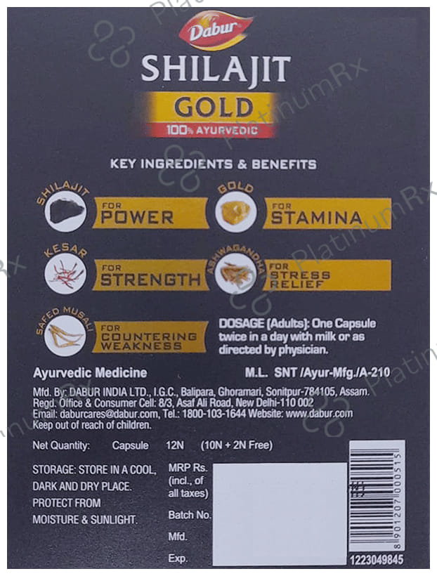 Dabur Shilajit Gold Capsule for Men For Immunity, Strength, Stamina & Power with 2 Capsule Free