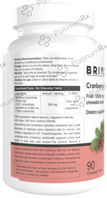 Briyo Cranberry Concentrate Chewable Tablet (Equivalent To 2000 Mg Cranberry Fruit) Natural Berry