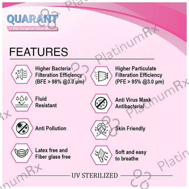 Quarant 3 Ply Disposable Surgical Face Mask with Adjustable Nose Pin, UV Sterilized (100 Each) Pink