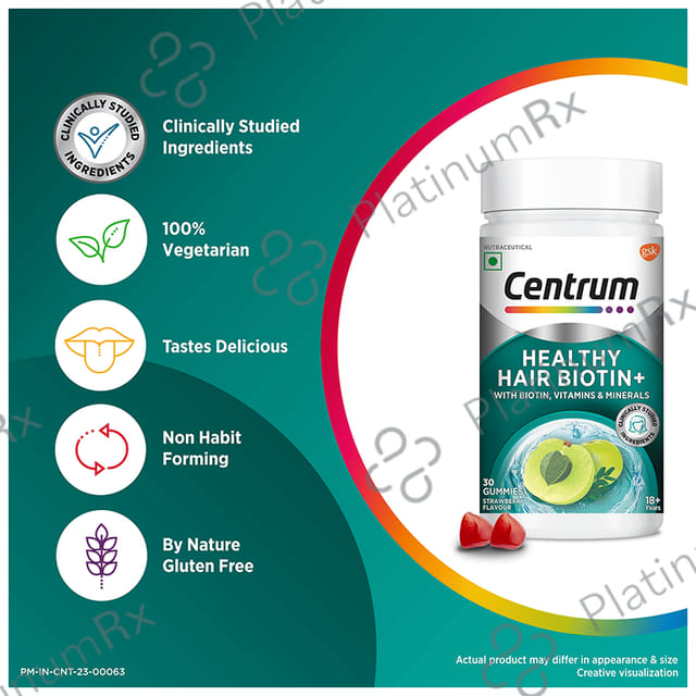 Centrum Healthy Hair Biotin+ with Biotin Vitamins & Minerals Strawberry Flavour Gummy 30s