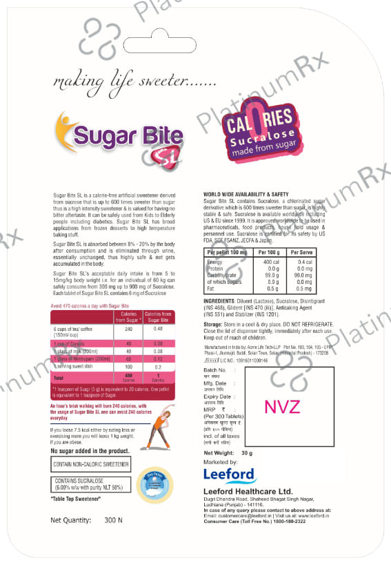 Sugar Bite SL 0 Calories Sucralose Made from Sugar Pellets 300 pellets