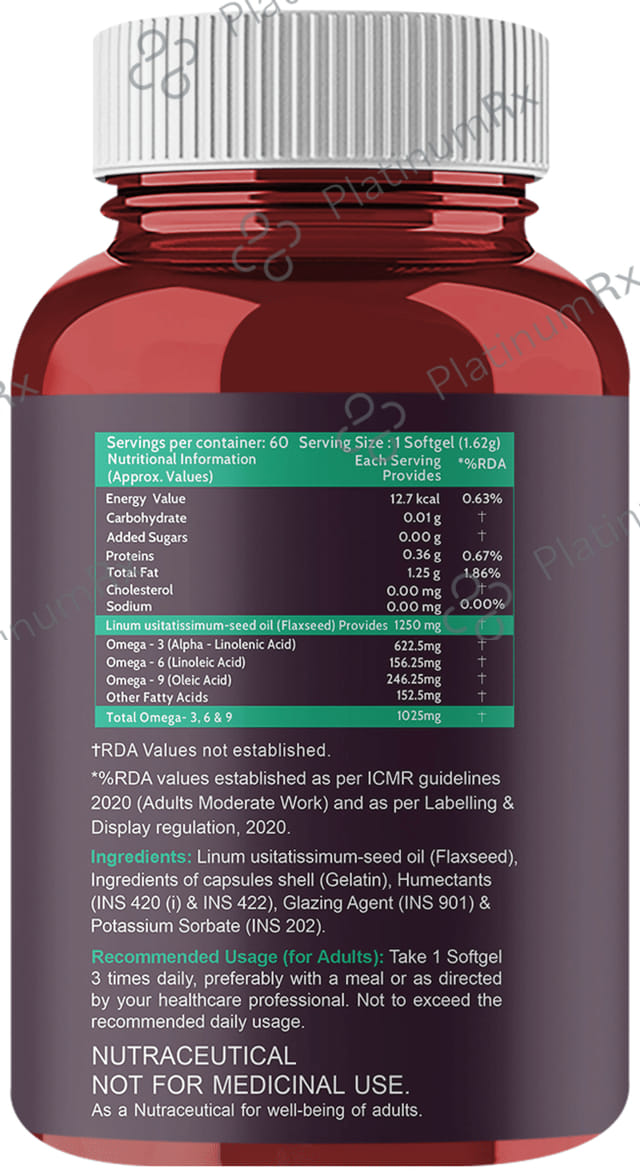 Carbamide Forte Cold Pressed Flaxseed Oil with 1250mg Omega 3-6-9 - Softgel Capsule for Heart, Bones & Joints Health