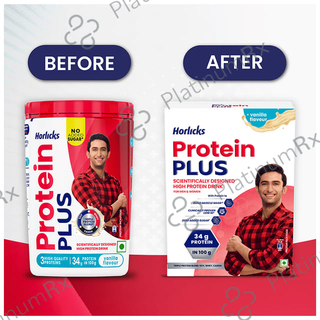 Horlicks Protein Plus with Triple Protein Blend of Soy, Whey, Casein - No Added Sugar - Flavour Vanilla