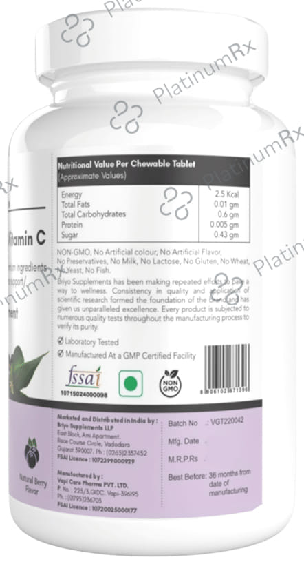 Briyo Elderberry + Vitamin C - Chewable Tablet for Daily Immune & Wellness Support - Flavour Natural Berry