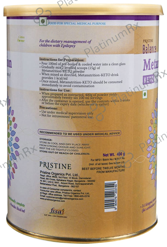 Pristine Balance Metanutrition Keto - For Dietary Management of Children - Flavour Powder Citrus