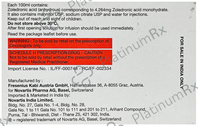 Zometa 4mg Solution For Infusion 100ml
