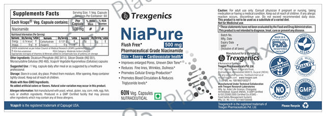 Trexgenics NiaPure with Niacinamide 500mg - Veg Capsule for Skin, Energy & Heart Health