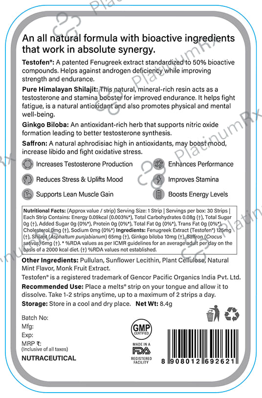 Wellbeing Nutrition Melts into Testo Power with Testofen + Himalayan Shilajit - Sugar Free Oral Thin Strip - Flavour Cool Mint