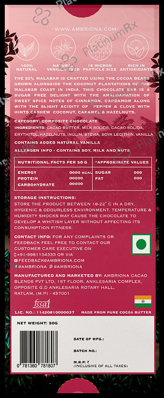 Ambriona 55% Malabar Single Origin Dark Milk Chocolate Sugar Free