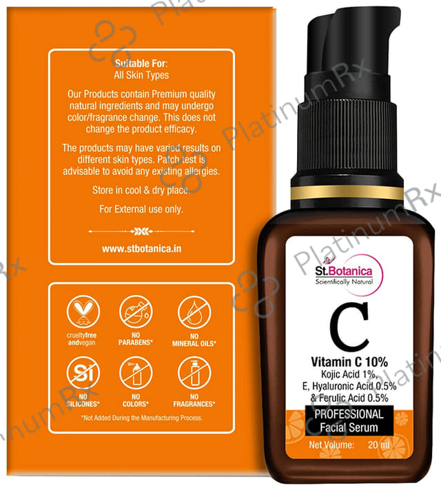 St.Botanica Vitamin C 10% + Kojic Acid 1% + E, Hyaluronic Acid 0.5% & Ferulic Acid 0.5% Professional Facial Serum