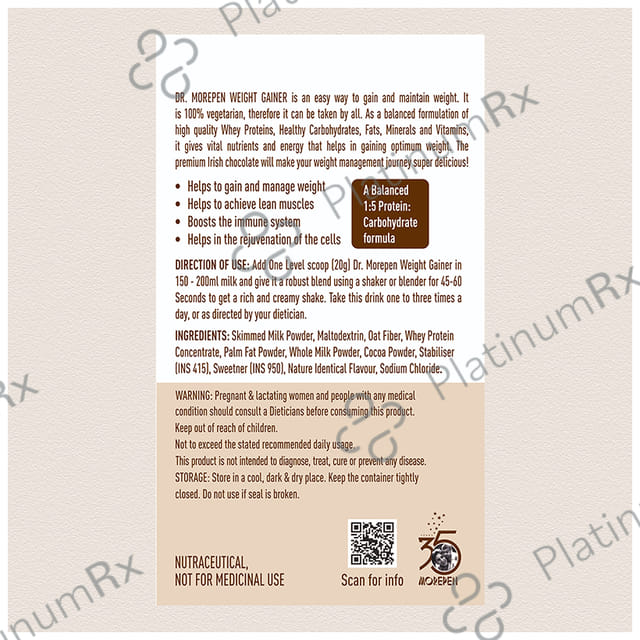 Dr. Morepen Weight Gainer for Metabolism & Lean Muscles - Flavour Irish Chocolate