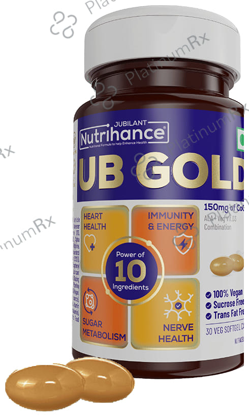 Jubilant Nutrihance UB Gold 150mg of CoQ10 with ALA & Vitamin D3 - Veg Softgel for Heart & Nerve Health 30 Soft Gelatin Capsule