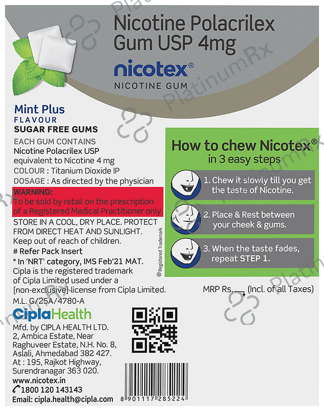 Nicotex Nicotine Sugar Free 4mg Chewing Gums Mint Plus 12s