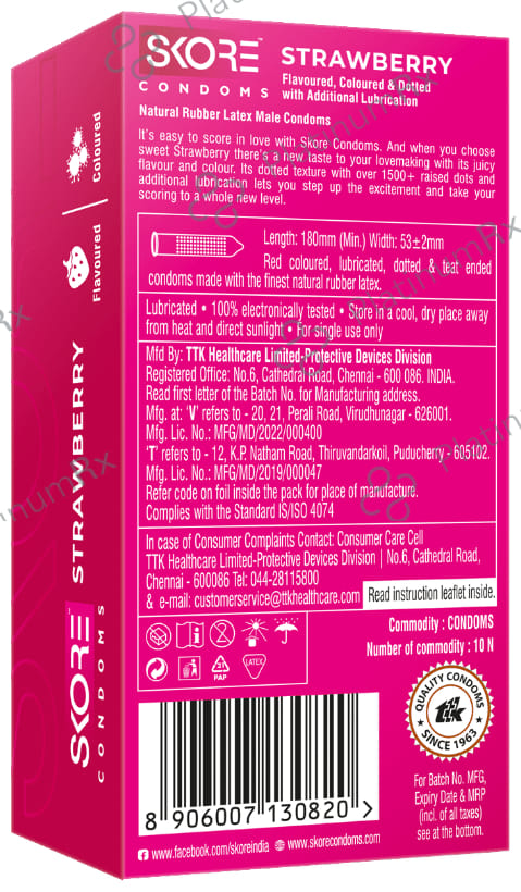 Skore Flavored Dotted & Coloured Strawberry Flavour Condoms 10s