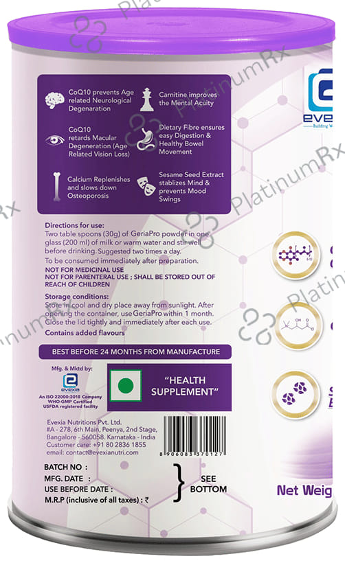 Evexia GeriaPro for Nutrition - No Added Sugar - Flavour Powder Vanilla 200 gm