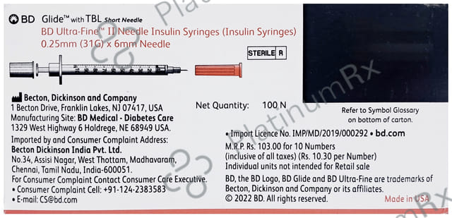 BD Insulin Syringes with BD Ultra Fine Needle 100U 31G 6MM 10s