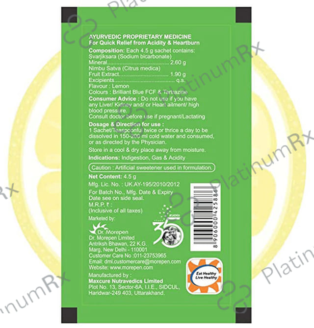 Dr. Morepen Acidity-X Fizz Instant Relief Sachet (4.5gm Each) Refreshing Lemon 6 Sachets