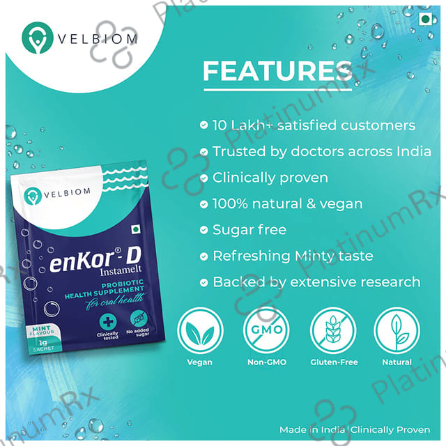 Velbiom Enkor-D Instamelt Probiotic Health Supplement for Oral Health - No Added Sugar - Flavour Mint