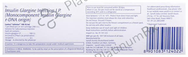 Lantus Solostar (100 IU/ml) (1*3ml Disposable Pen) Solution for Injection 3ml