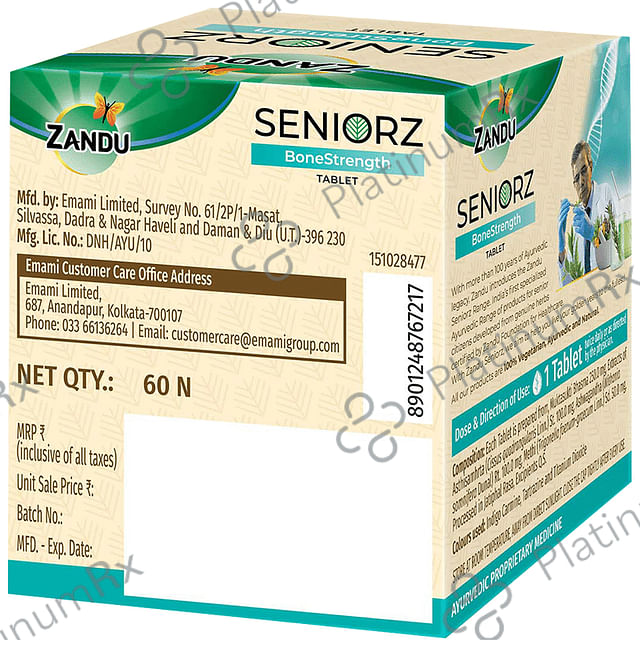Zandu Seniorz Bone Strength Tablet - 100% Ayurvedic Supplement - Rich in Natural Calcium, Vitamin D3 - with Hadjod - Clinically Proven to Help Increase Bone Mineral Density & Collagen