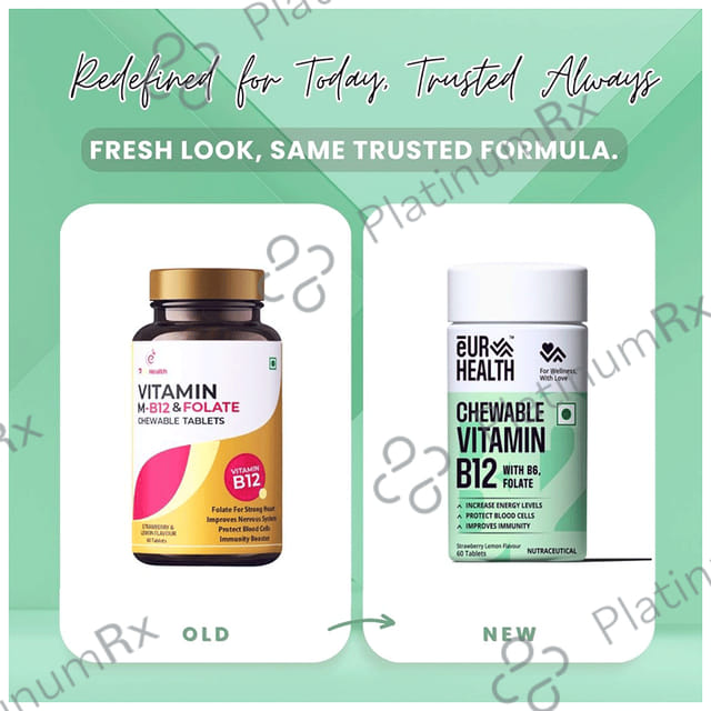 Eur Health Vitamin M B12 & Folate Chewable Strawberry & Lemon Flavour Tablet 60s
