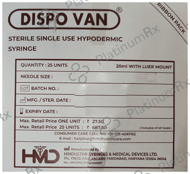 Dispovan Syringe with Needle (25 x 20ml)