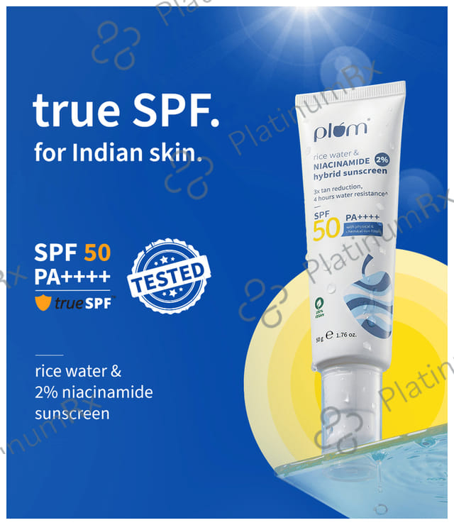 Plum 2% Niacinamide & Rice Water Hybrid Face Sunscreen SPF 50 PA+++ Cream 50 gm