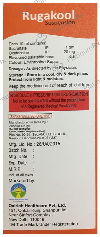 Rugakool 1000/200mg Oral Suspension Saunf Sugar Free 100ml