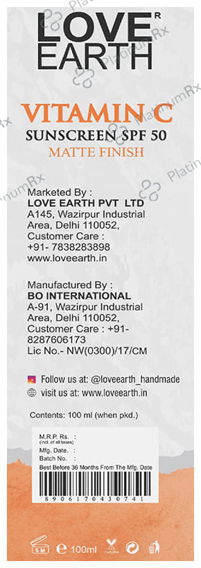 Love Earth Vitamin C Sunscreen SPF 50 Cream 100ml