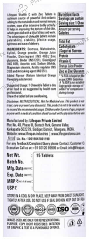 Lifespan Vitamin C with Zinc Chewable Tablet Tangy Orange