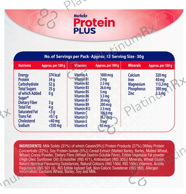 Horlicks Protein Plus with Triple Protein Blend of Soy, Whey, Casein - No Added Sugar - Flavour Chocolate