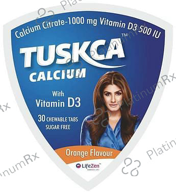 Tuskca Calcium with Vitamin D3 (500 IU) - Sugar Free - Flavour Orange Chewable Tablet