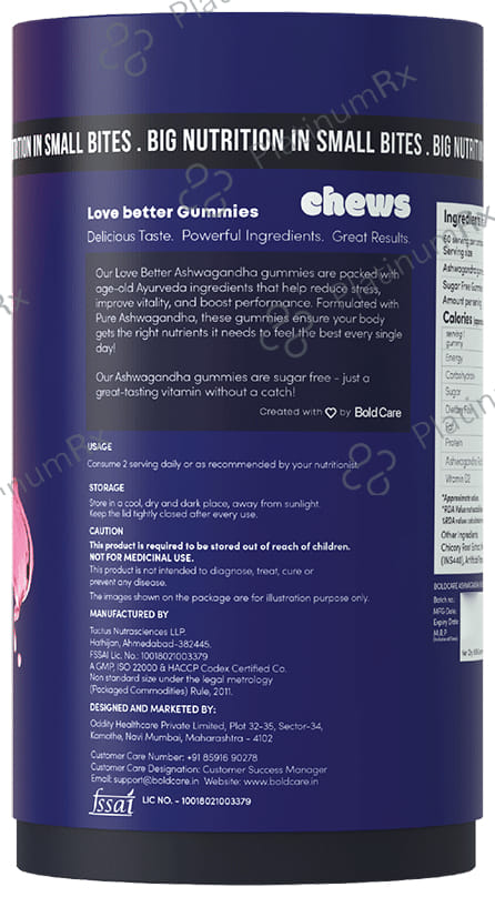 Bold Care Chew Love Better Pure Ashwagandha Gummy Mixed Fruit Sugar Free