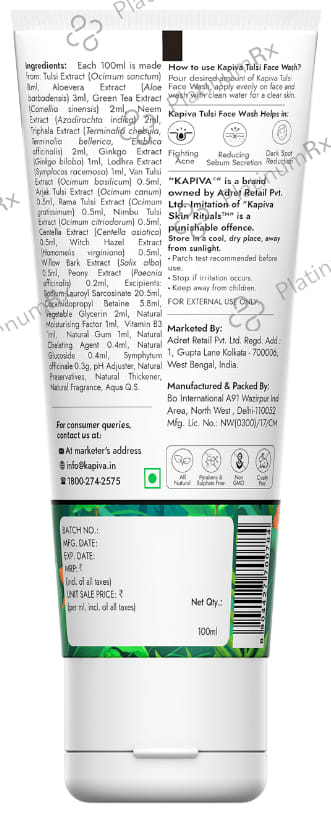 Kapiva Acne Control Tulsi Face Wash - Reduces Active Acne & Scars - For All Skin Types - 0% Parabens Face Wash