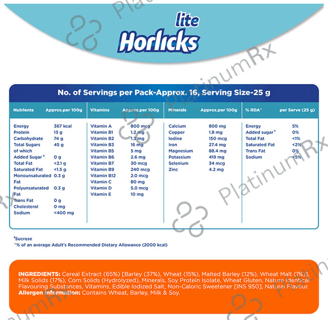 Horlicks Lite with Antioxidant Nutrients, Protein & No Added Sugar for Stamina, Bones, Immunity & Growth Powder Regular Malt