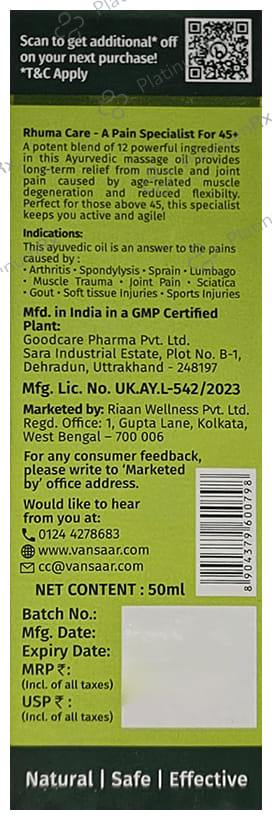 Vansaar Rhuma Care Massage Oil for Long Lasting Pain Relief-100% Ayurvedic-