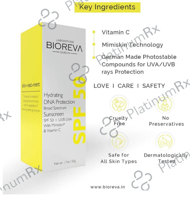 Bioreva Hydrating DNA Protection Broad Spectrum SPF 50 Sunscreen Cream 50gm
