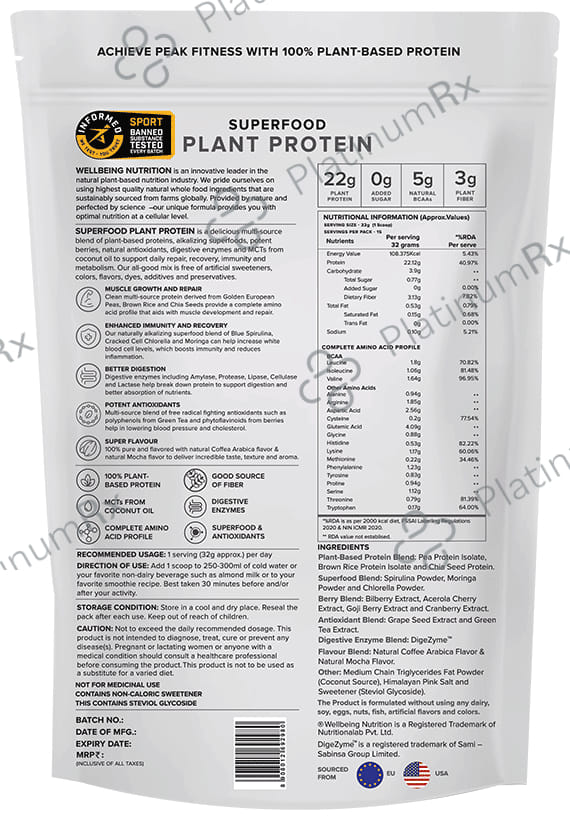 Wellbeing Nutrition Superfood Plant Protein for Muscle Growth & Metabolism - Flavour Powder Italian Cafe Mocha
