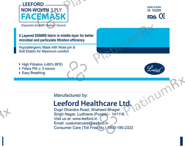Leeford Non-Woven 3 Ply Facemask with 5 Layered Anti-Microbial Fabric 50 masks