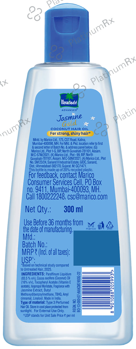 Parachute Advansed Jasmine Gold Hair Oil with 8x Vitamin E - For Strong & Shiny Hair - Non-Sticky 300 ml