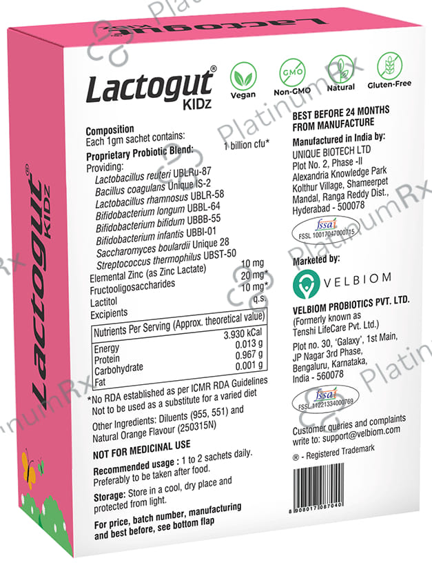 Velbiom Lactogut Kidz Pre & Probiotic Sachet (1gm Each) Orange