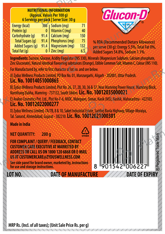 Glucon D with Glucose, Calcium, Vitamin C & Sucrose Flavour Tangy Orange Powder 200gm