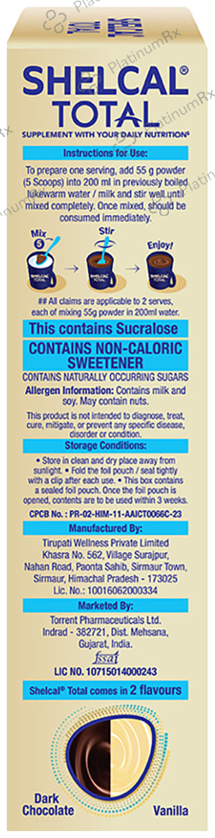 Shelcal Total No Added Sugar Dark Chocolate Flavour Powder 400gm