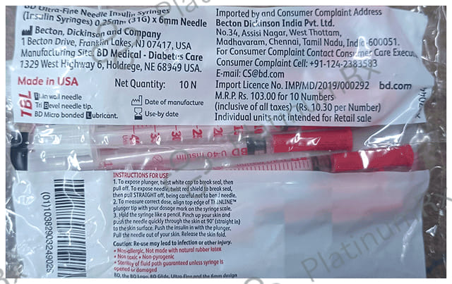BD Glide with TBL Ultra Fine Needle Insulin Syringes U40 (31g x 6mm) 10s